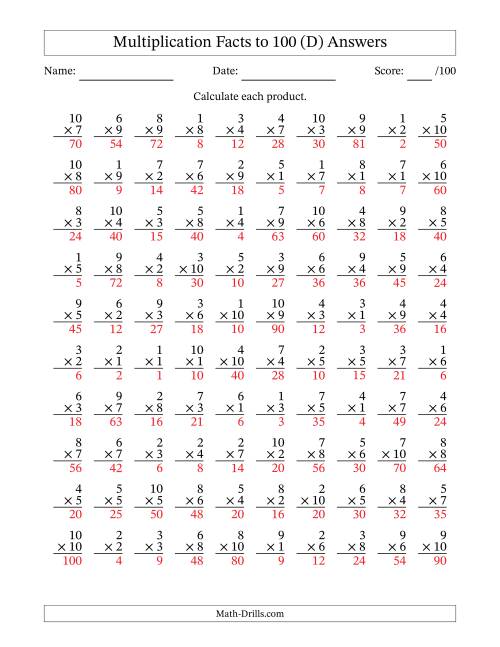 The Multiplication Facts to 100 (100 Questions) (No Zeros) (D) Math Worksheet Page 2
