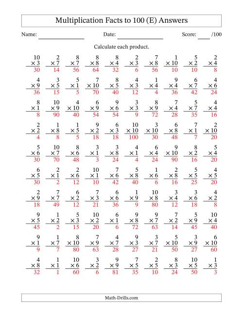 The Multiplication Facts to 100 (100 Questions) (No Zeros) (E) Math Worksheet Page 2