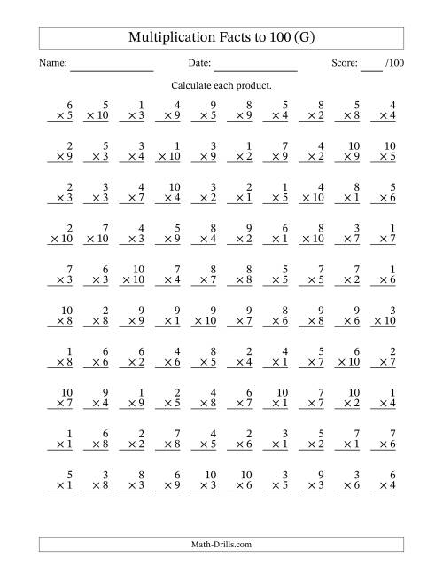 The Multiplication Facts to 100 (100 Questions) (No Zeros) (G) Math Worksheet