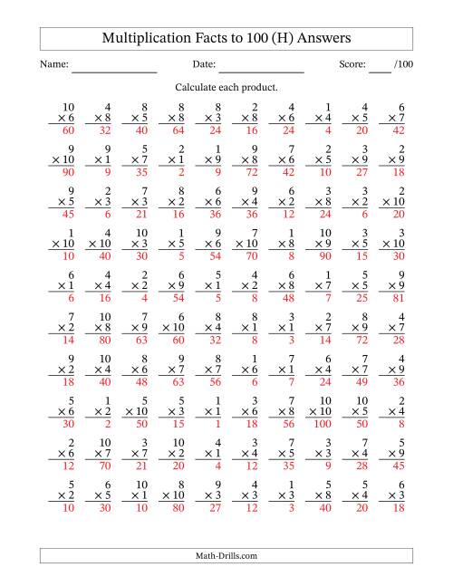 The Multiplication Facts to 100 (100 Questions) (No Zeros) (H) Math Worksheet Page 2