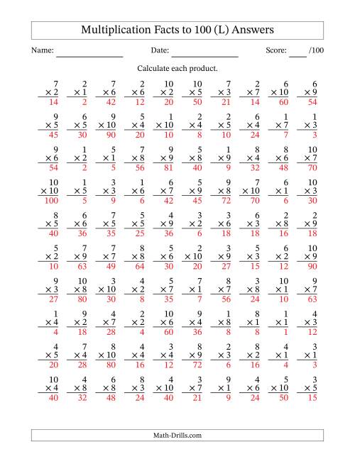 The Multiplication Facts to 100 (100 Questions) (No Zeros) (L) Math Worksheet Page 2