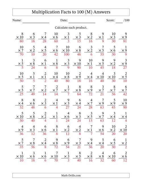 The Multiplication Facts to 100 (100 Questions) (No Zeros) (M) Math Worksheet Page 2