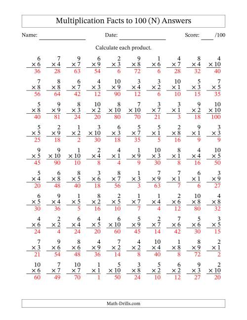 The Multiplication Facts to 100 (100 Questions) (No Zeros) (N) Math Worksheet Page 2