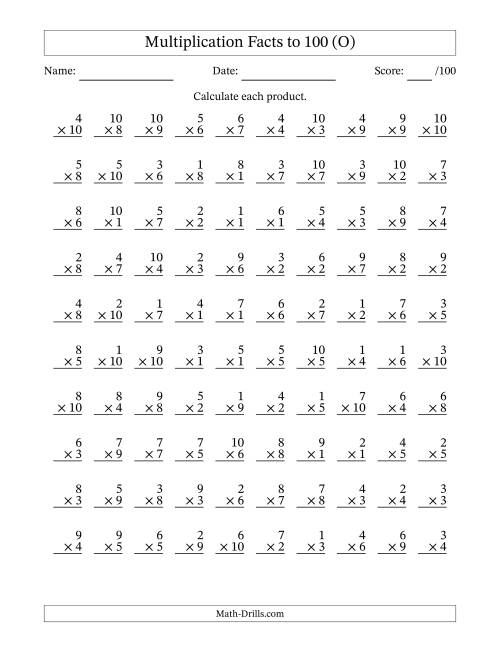 The Multiplication Facts to 100 (100 Questions) (No Zeros) (O) Math Worksheet