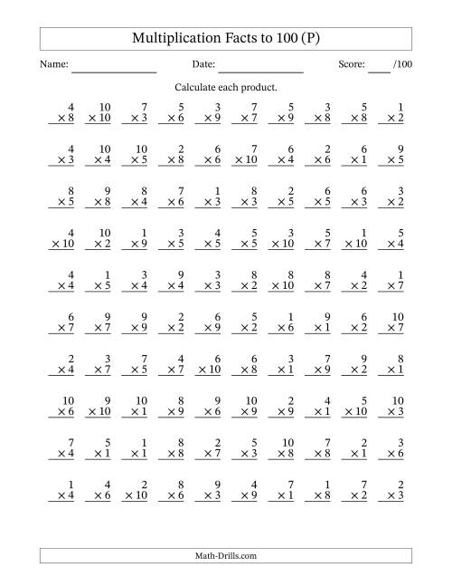 The Multiplication Facts to 100 (100 Questions) (No Zeros) (P) Math Worksheet