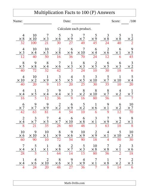The Multiplication Facts to 100 (100 Questions) (No Zeros) (P) Math Worksheet Page 2
