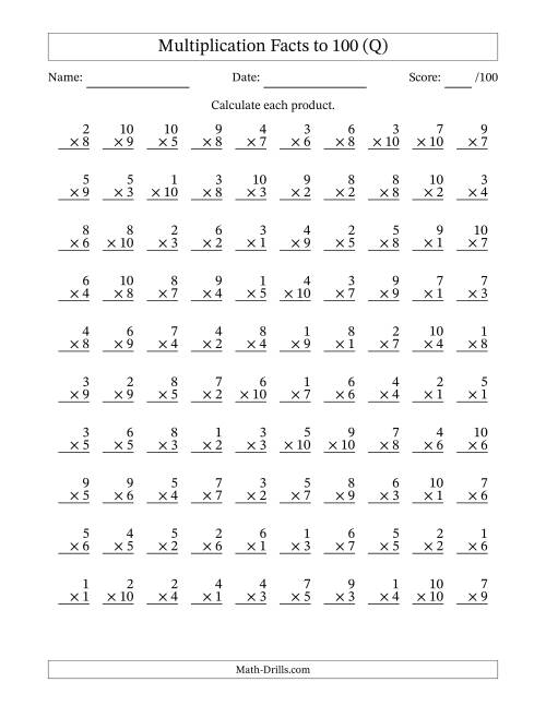 The Multiplication Facts to 100 (100 Questions) (No Zeros) (Q) Math Worksheet