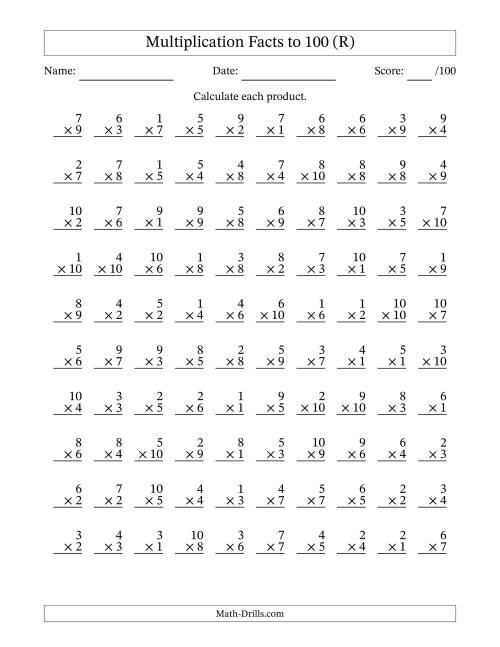 The Multiplication Facts to 100 (100 Questions) (No Zeros) (R) Math Worksheet