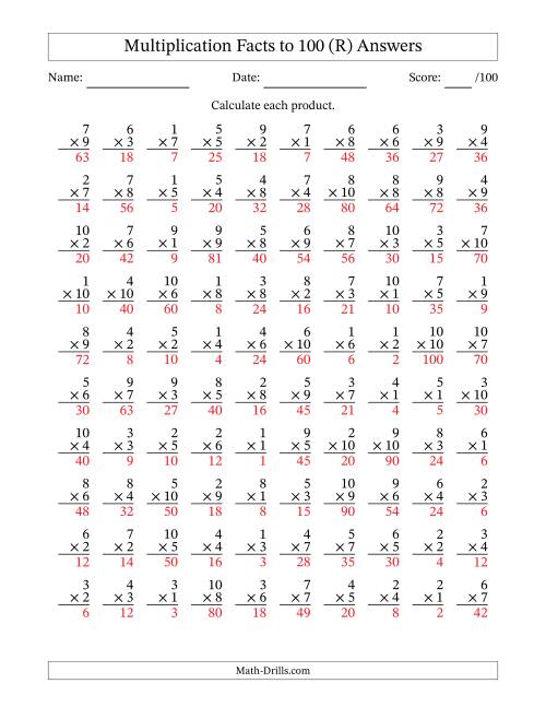 The Multiplication Facts to 100 (100 Questions) (No Zeros) (R) Math Worksheet Page 2