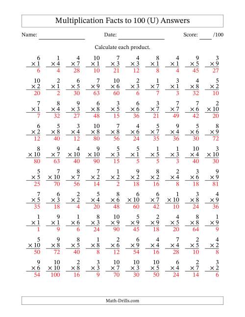 The Multiplication Facts to 100 (100 Questions) (No Zeros) (U) Math Worksheet Page 2