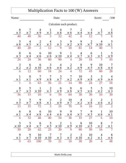 The Multiplication Facts to 100 (100 Questions) (No Zeros) (W) Math Worksheet Page 2