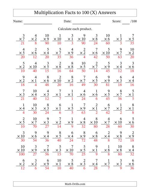The Multiplication Facts to 100 (100 Questions) (No Zeros) (X) Math Worksheet Page 2