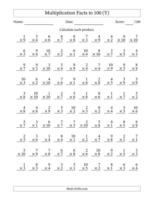 The Multiplication Facts to 100 (100 Questions) (No Zeros) (Y) Math Worksheet