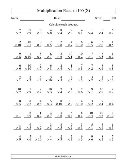 The Multiplication Facts to 100 (100 Questions) (No Zeros) (Z) Math Worksheet