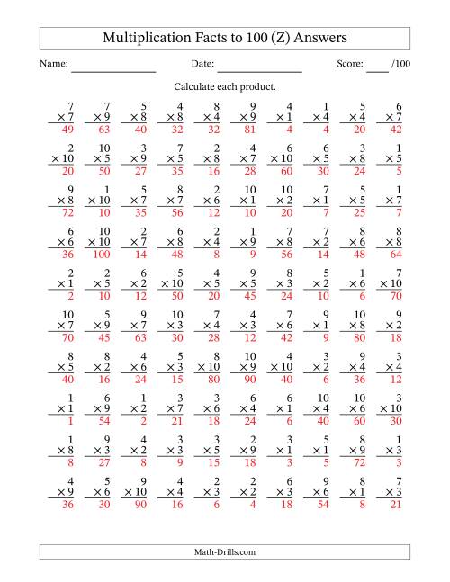 The Multiplication Facts to 100 (100 Questions) (No Zeros) (Z) Math Worksheet Page 2