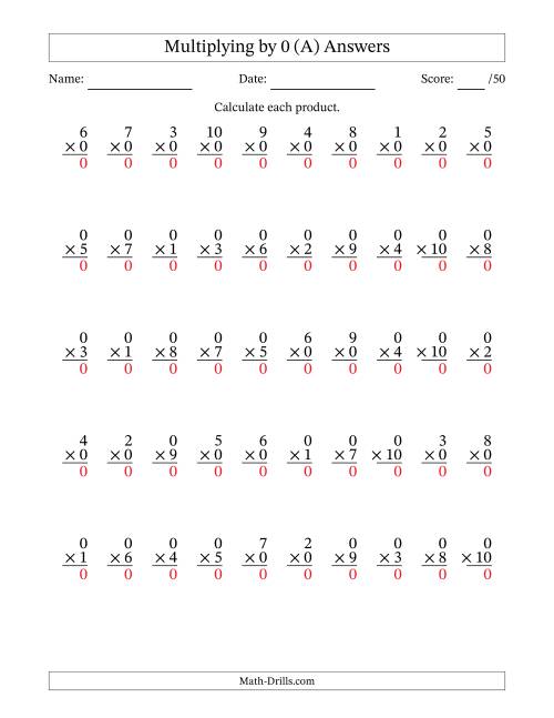 The Multiplying (1 to 10) by 0 (50 Questions) (A) Math Worksheet Page 2