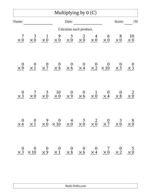 The Multiplying (1 to 10) by 0 (50 Questions) (C) Math Worksheet