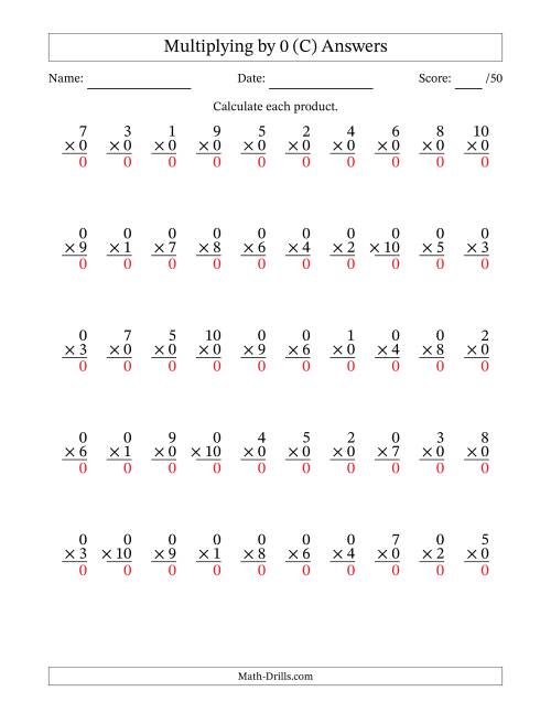 The Multiplying (1 to 10) by 0 (50 Questions) (C) Math Worksheet Page 2