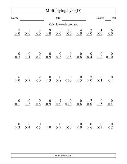 The Multiplying (1 to 10) by 0 (50 Questions) (D) Math Worksheet