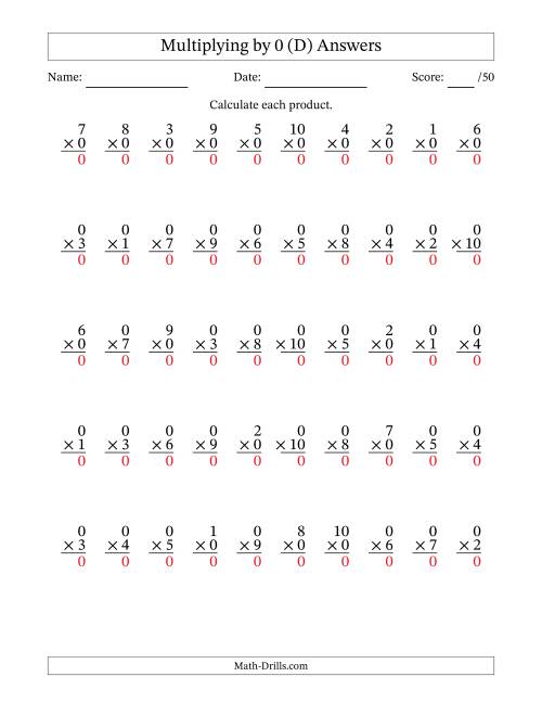 The Multiplying (1 to 10) by 0 (50 Questions) (D) Math Worksheet Page 2