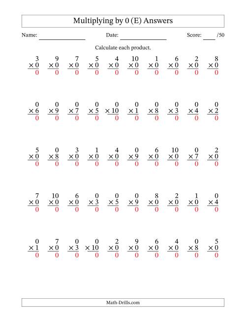 The Multiplying (1 to 10) by 0 (50 Questions) (E) Math Worksheet Page 2