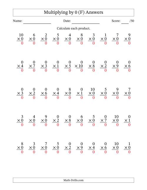 The Multiplying (1 to 10) by 0 (50 Questions) (F) Math Worksheet Page 2