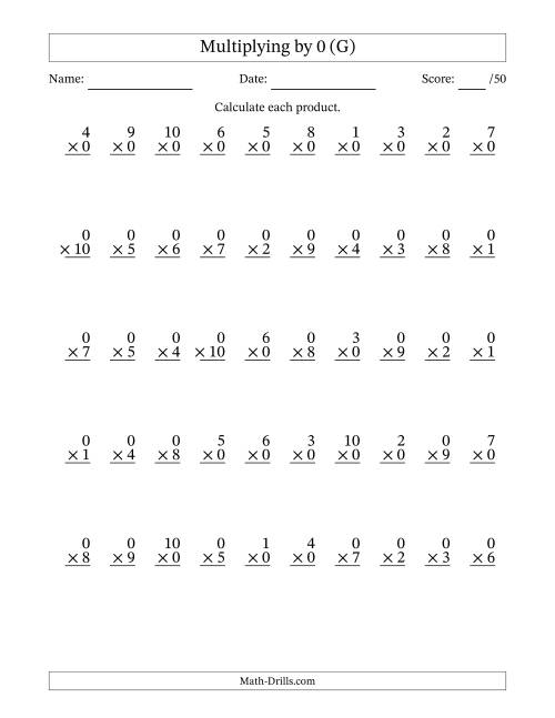The Multiplying (1 to 10) by 0 (50 Questions) (G) Math Worksheet