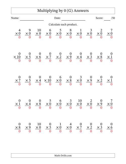 The Multiplying (1 to 10) by 0 (50 Questions) (G) Math Worksheet Page 2