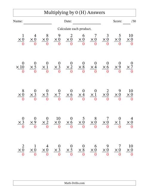 The Multiplying (1 to 10) by 0 (50 Questions) (H) Math Worksheet Page 2