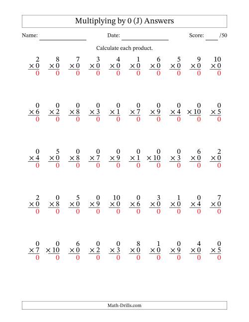 The Multiplying (1 to 10) by 0 (50 Questions) (J) Math Worksheet Page 2