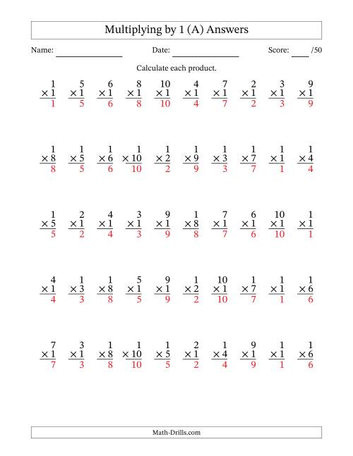 The Multiplying (1 to 10) by 1 (50 Questions) (A) Math Worksheet Page 2