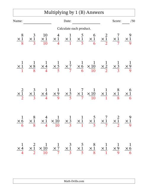 The Multiplying (1 to 10) by 1 (50 Questions) (B) Math Worksheet Page 2
