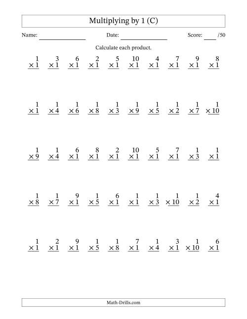 The Multiplying (1 to 10) by 1 (50 Questions) (C) Math Worksheet