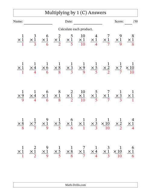 The Multiplying (1 to 10) by 1 (50 Questions) (C) Math Worksheet Page 2