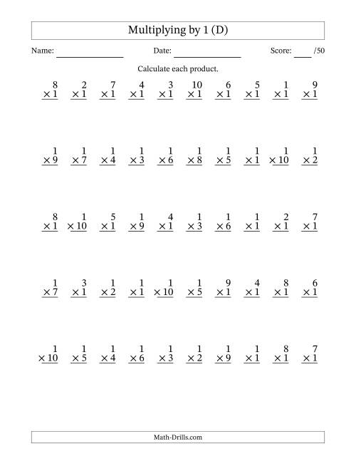 The Multiplying (1 to 10) by 1 (50 Questions) (D) Math Worksheet