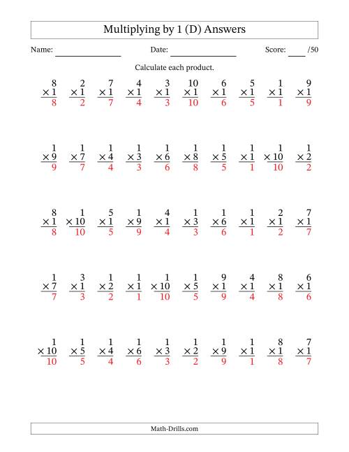 The Multiplying (1 to 10) by 1 (50 Questions) (D) Math Worksheet Page 2