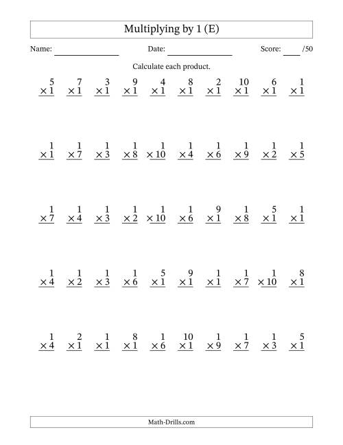 The Multiplying (1 to 10) by 1 (50 Questions) (E) Math Worksheet