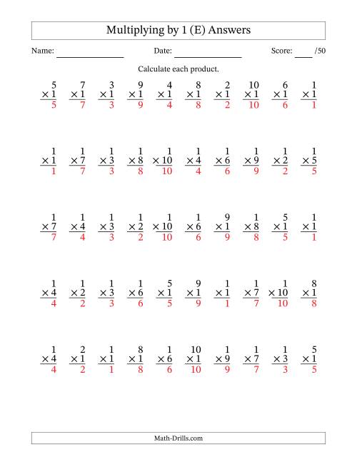 The Multiplying (1 to 10) by 1 (50 Questions) (E) Math Worksheet Page 2