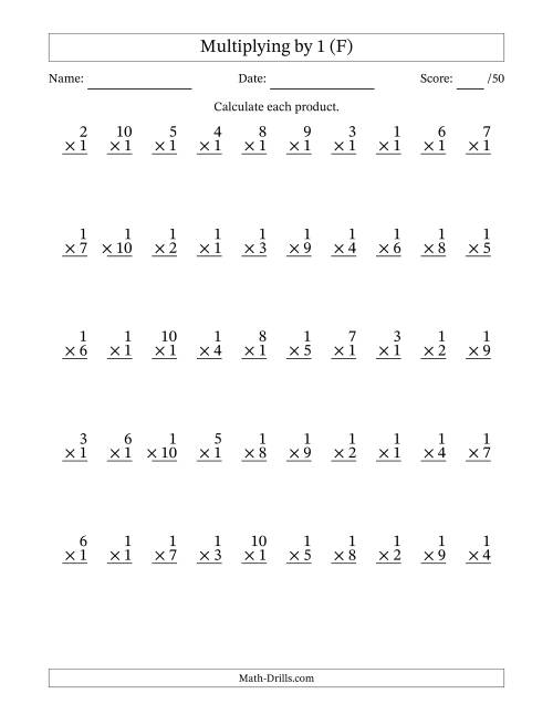 The Multiplying (1 to 10) by 1 (50 Questions) (F) Math Worksheet