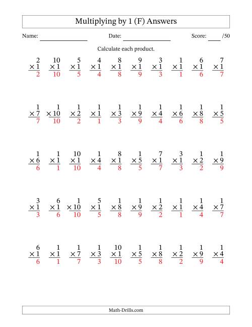 The Multiplying (1 to 10) by 1 (50 Questions) (F) Math Worksheet Page 2