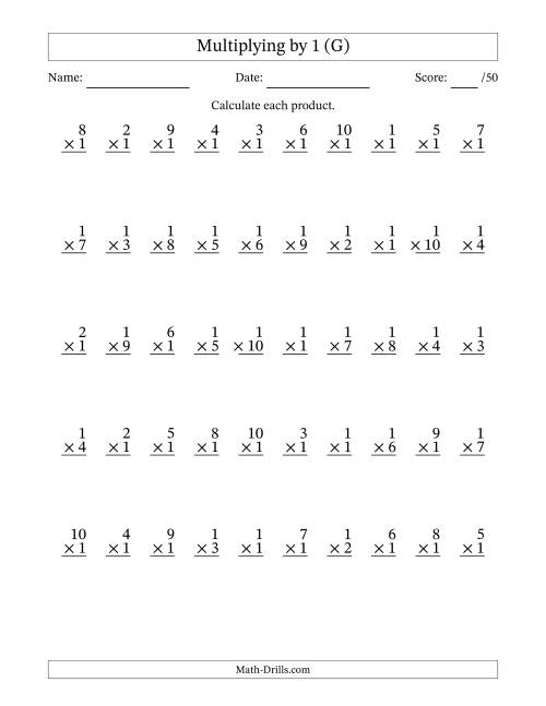 The Multiplying (1 to 10) by 1 (50 Questions) (G) Math Worksheet
