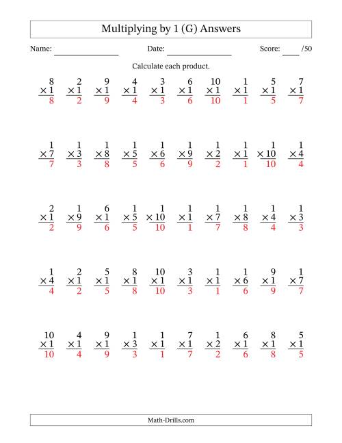 The Multiplying (1 to 10) by 1 (50 Questions) (G) Math Worksheet Page 2