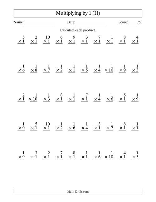 The Multiplying (1 to 10) by 1 (50 Questions) (H) Math Worksheet