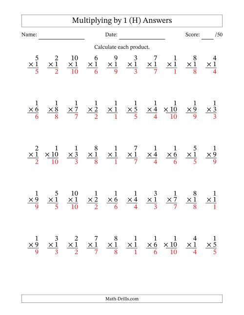 The Multiplying (1 to 10) by 1 (50 Questions) (H) Math Worksheet Page 2