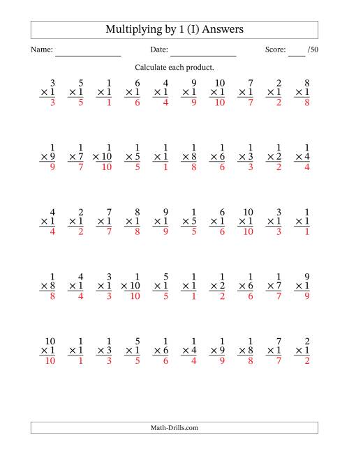 The Multiplying (1 to 10) by 1 (50 Questions) (I) Math Worksheet Page 2
