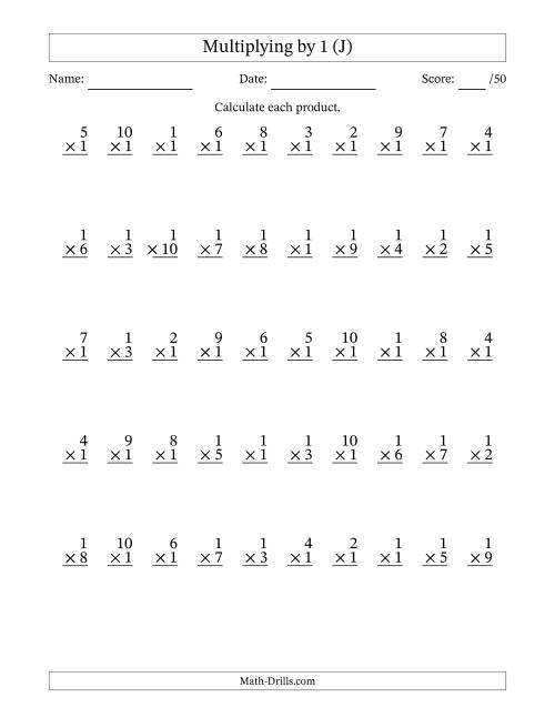 The Multiplying (1 to 10) by 1 (50 Questions) (J) Math Worksheet
