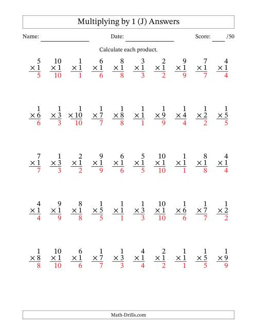 The Multiplying (1 to 10) by 1 (50 Questions) (J) Math Worksheet Page 2