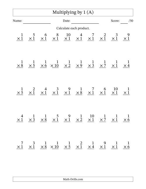The Multiplying (1 to 10) by 1 (50 Questions) (All) Math Worksheet