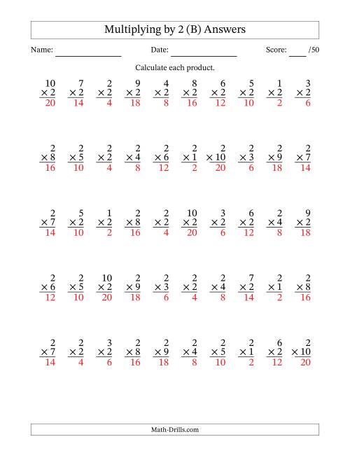 The Multiplying (1 to 10) by 2 (50 Questions) (B) Math Worksheet Page 2