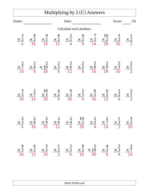 The Multiplying (1 to 10) by 2 (50 Questions) (C) Math Worksheet Page 2